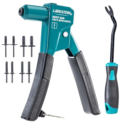 LIBRATON Plastic Rivet Gun Kit with Fastener Remover 90 Degree Angle Hand Riveter with 40Pcs Nylon Rivets (4 Sizes) & Pry Tool Universal Nosepiece for Automotive Ergonomic & 50% Lighter Force