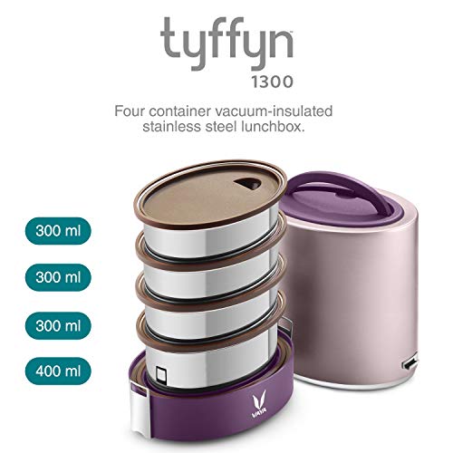 Image of VAYA Office Lunch Combo - TYFFYN Jumbo 1300ml Vacuum Insulated Lunch Box with 4 Stainless Steel Containers with Bagmat Lunch Bag with Sling, Leakproof, Hot Food Retention, Purple