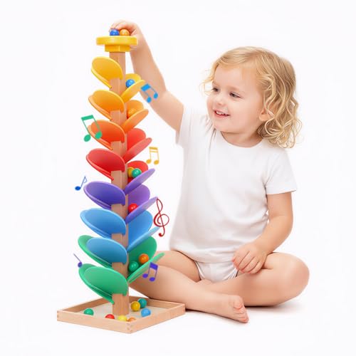 Wooden Rainbow Marble Run Tree, 30pcs Vertical Marble Run Construction Game,Creative Color Sorting Ball Drop Musical Toy,Montessori Learning Stem Gift for Kids Age 3,4,5,6,7,8+