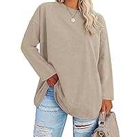 Camisetas femininas plus size, manga comprida, gola redonda, largas, casuais, soltas, Cáqui, 5X-Large Plus