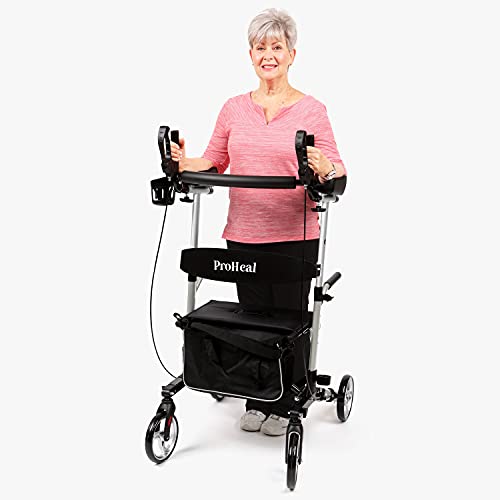 ProHeal Stand Up Walker with Seat - Tall Stand Up Rollator with Adjustable Height Handles - 19" Seat, Lightweight Easy Fold Aluminum Frame - Bonus Cup Holder, Storage Bag, and LED Light - Silver
