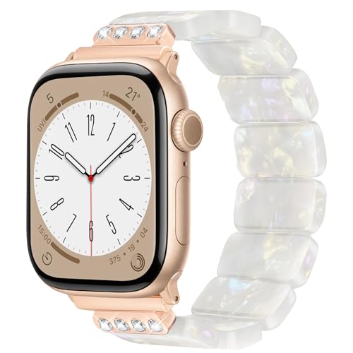 Image of V.R.HOPE Stretchy Resin Apple Watch Band for Series Ultra /10 /9 /8 /7 /SE 38mm 40mm 41mm 42mm Fashion Cute, Lightweight & Flexible, Rectangle Design with iWatch Series 6 /5 /4 /3 /2 /1(Fluorescent White-S)