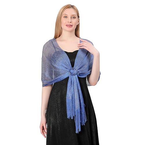 Image of Stoles for Evening Dress with Buckle, Fringes - Polyester Blend, Shimmer Stole Wraps for Weddings, Party | Women's Clothing