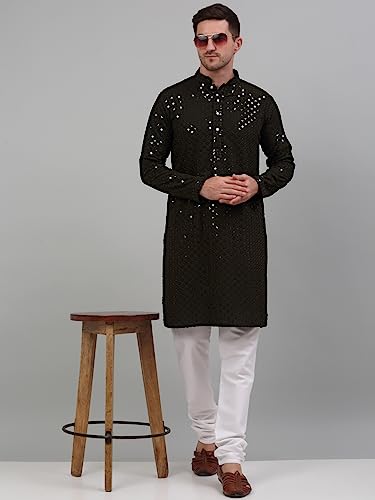 Image of Jompers Men's Regular Fit Cotton Chikankari Embroidered and Sequence Kurtas