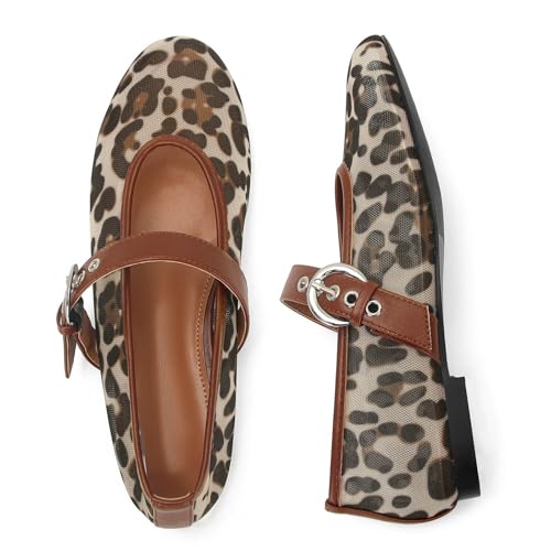 MICIFA Leopard Mesh Ballet Flats for Women Round Toe Mary Jane Buckle Flats Fall Comfortable Casual Dress Shoes4