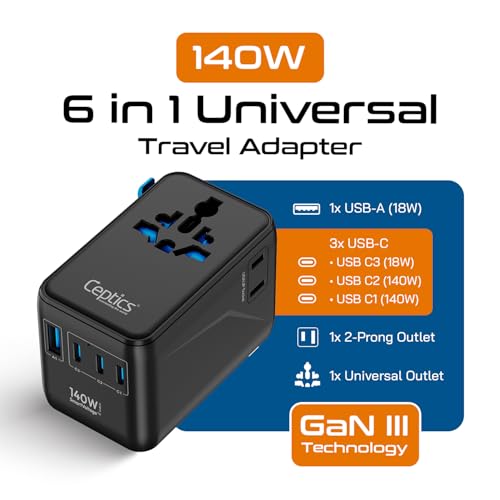 Image of Ceptics 6 in 1 International Power Adapter with PD 140W USB-C, 1x USB-A, 3X Type C, Universal Input and 1x USA /JP Input with Type A, C, G, I Plug outlets for Global Travel - CE & RoHS Certified