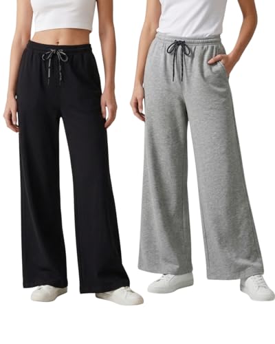 Image of Pack of 2 Women's Wide-Leg Track Pants | Fit Trousers Elastic Waist with Drawstring | Soft Breathable Fabric | Relaxed Fit Lounge & Casual Lounge Travel Wear