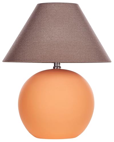 Beliani Lámpara cerámica base terracota mesita de noche de luz con pantalla de tela de lino forma de tambor naranja Limia