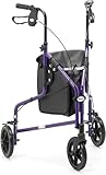 Days Lightweight Tri Wheel Walker Rollator – Aluminium Mobility Walker with Adjustable Height and Brakes – Foldable Walking Frame with Carry Bag – Mobility Aid for Elderly – Purple