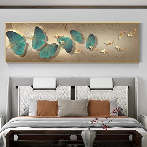 Art mural de poisson Koi doré et Ginkgo Biloba, impression sur toile haut de gamme 55x110cm