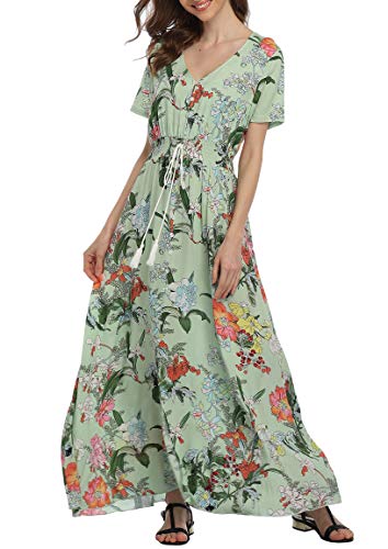 Image of VintageClothing Women's Floral Maxi Dresses Boho Button Up Split Summer Casual Long Dress Beach Party Dress