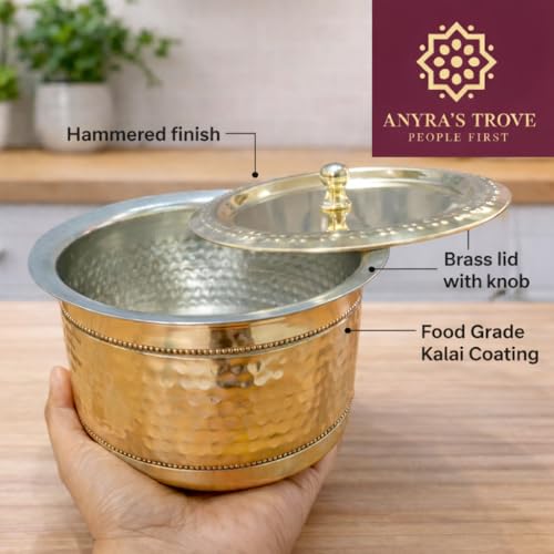 Image of ANYRA'S TROVE Pure Brass Handi with Lid(1.25L) Kalai Coating |Traditional Pital Cooking Pot|Milk Pot|Pital Tope|Tapeli|Handmade Golden Finish Brass Utensil for Home Chefs & Gifting(1250ML)