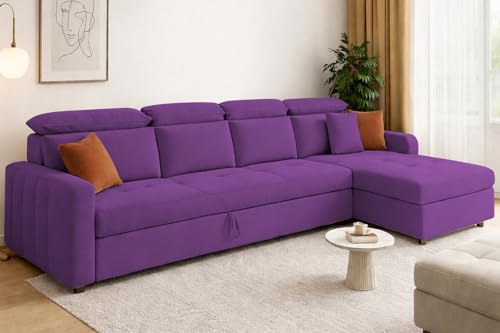 Image of Casaliving Gagnon RHS 6 Seater L Shape Corner Sofa Cum Bed for Living Room (Purple Fabric) Premium Fabric Sofa