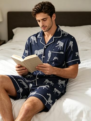 Image of Mens Pajamas Set Short Sleeve Sleepwear Summer Pjs Button Down Pijamas Set Modal 2PCS Pj Set with Pockets, Navy Zebra-XL