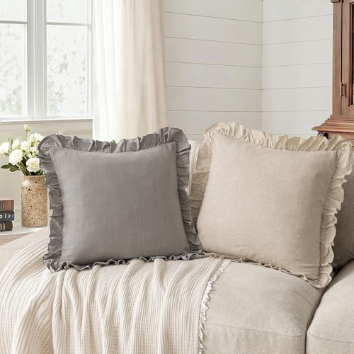 Image of Foindtower Set of 2 Decorative Linen Fringe Ruffle Throw Pillow Covers Soft Boho Farmhouse Cushion Cover Cozy Accent Retro Pillowcase for Couch Sofa Bed Living Room Home Decor,18x18 Inch,Taupe Gray