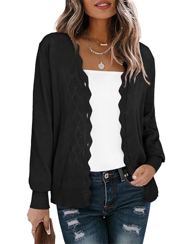 Yommay Cardigan décontracté léger col en V à manches longues pour femme Pull ample festonné Boléro creux, Noir , L Yommay Cardigan décontracté léger col en V à manches longues pour femme Pull ample festonné Boléro creux, Noir , L
