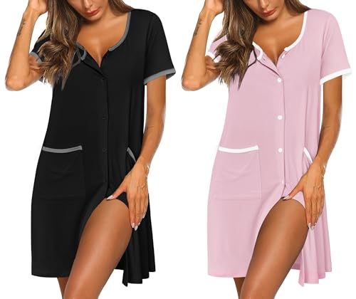 Image of Ekouaer Nightgowns for Women 2 Pack Button Down Sleep Shirts Short Sleeve Nightshirt Sleepwear House Dress with Pockets