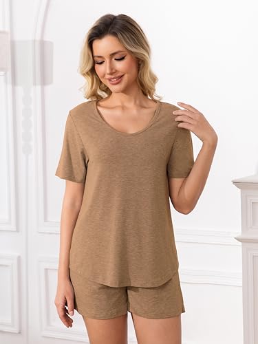 Image of MOYEE Womens Pajama Sets Soft Short Sleeve Shirt and Shorts 2 Pieces Lounge Outfit Sets with Pockets