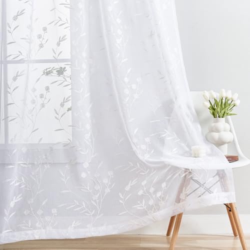 Sheer Curtains White 54 Inches Long Floral Embroidery Rod Pocket