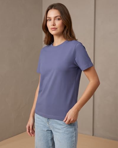 Image of NOBERO 100% Cotton T-Shirts for Women Stylish | Regular Fit | Solid T Shirts for Women 180 GSM Combed Cotton | Crew Neck Half Sleeve