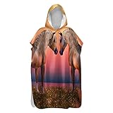 Badeponcho Strand Poncho Strandtücher Handtuch, Treer Poncho mit Kapuze Schnelltrockend 3D Pferd Einhorn Drucken Bademantel Badetuch Duschtücher Für Wassersport (Oranges Pferd,75x145cm)