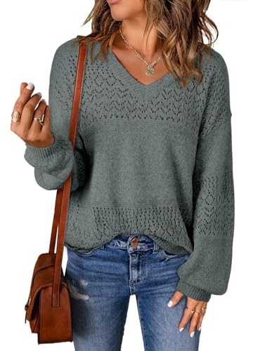 Image of SHEWIN Women's Sweaters Casual Long Sleeve V Neck Crewneck Lightweight Crochet Pullover Sweater Tops