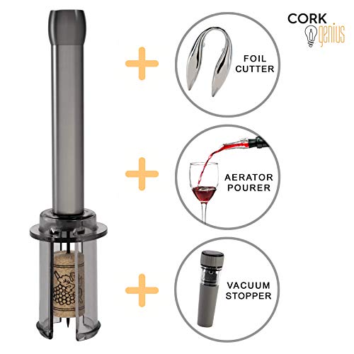 Cork Genius Wine Opener Set (4-Piece) with Wine Accessories - Includes Air Pump Bottle Opener, Bottle-Top Aerator, Wine Foil Cutter, and Vacuum Seal Wine Stopper - Premium Stainless Steel Materials