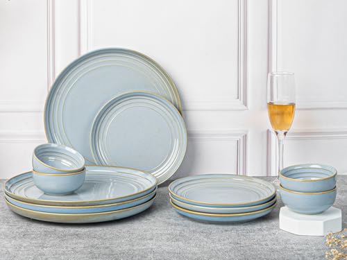 Image of Bodhi House Handcrafted Chip Resistance Porcelain Dinner Set, 12 Pieces Dish Set Serving for 4, Microwave and Dishwasher Safe, Bone-ash Free, Crockery Set for Dining and Gifting, Arctic Blue
