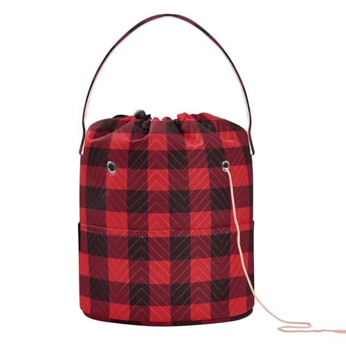 Image of ElliTarr Crochet Bag Yarn Bag with Handle Portable Knitting Project Bag Travel Yarn Storage Organizer Holder Case Buffalo Plaid Red and Black