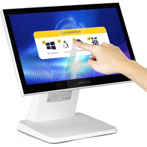 Image of Volcora 15.6 inch White LED Touch Screen Monitor with Metal Stand - Backlit 1366 * 768 with VGA HDMI Connection for Small Business, Restaurant, Office - No Driver Required (Not Compatible with macOS /iOS)