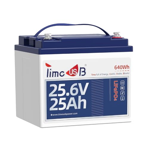 Timeusb New 24V 25Ah Max LiFePO4 Battery, 2C High Discharge Rate, 50A BMS 640Wh Lithium Battery, 1280W Continuous Load Power for Electric Lawnmower, Mobility Scooter Electric Wheelchair,Farm Equipment