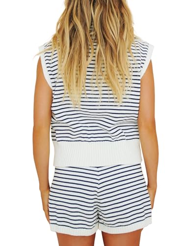 Image of Imily Bela Womens 2 Piece Outfits Sweater Sets Striped Knit Sleeveless Pullover Top Shorts Lounge Set