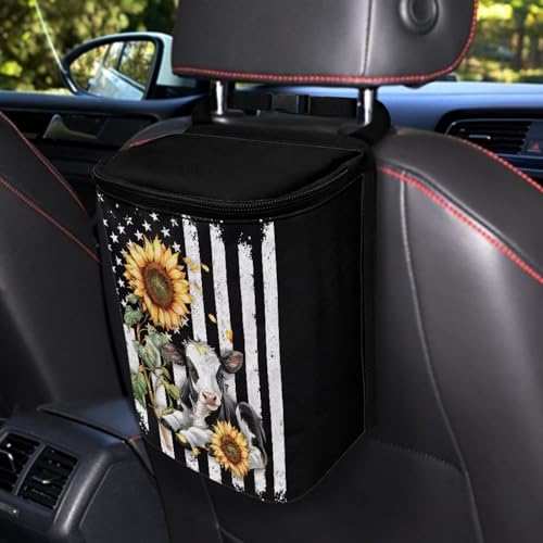 Image of Talayituse American Flag Sunflower Cow Print Car Trash Can with Adjustable Straps, Foldable Car Trash Bag Bin Car Garbage Bag Multipurpose Storage Box for Vehicle Travel Camping Picnicing