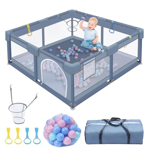 Kuro-sagol Parque infantil de seguridad para niños, 130 x 130 cm, con fondo antideslizante, red transpirable, 4 anillos de escalada, 30 pelotas de juego y bolsa de transporte, color gris