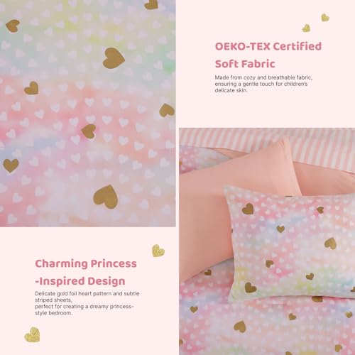 Full Size Comforter Sets with Sheets for Girls-7 Pieces Full Size Bedding Sets with Pink Comforter, Sheets, Pillowcases & Shams for Kids (Colorful Gold Heart, 76" X 86")
