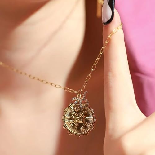 Gold Zodiac Sign Embossed Coin Opal Crescent Moon Charm Necklace for Women Trendy 18K Gold Plated Retro Paperclip Chain 12 Constellation Horoscope Necklaces Astrology Jewelry Gifts3