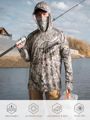 Image of FISHEAL Men's Hunting Shirts with Mask - UPF 50+ Camo Long Sleeve Fishing Hoodie Shirt with Adjustable Drawstring