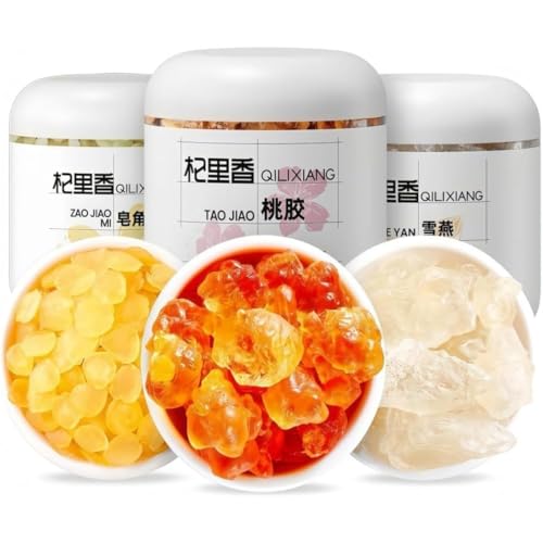 Naturlicher Pfirsichgummi 300g + Schneeschwalbe 100g + Seifenreis (Zaojiaomi) 100g Set – Zusatzstofffreies Nährdessert- & Suppenkit – Vorgemischtes Trio für unkompliziertes Kochen