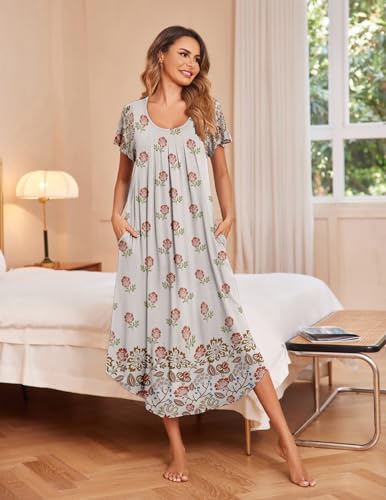 Image of Ekouaer Long Nightgowns for Women with Pockets Short Sleeves Moo Moos for Women Casual Maxi Dress House Dresses S-XXXL