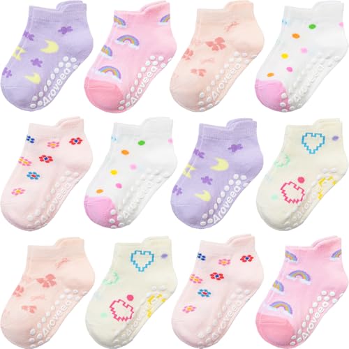 Image of Aroveea Baby Toddler Socks Grip Non Slip Boys Girls Cotton 12 Pack for Kids Ankle Cute Socks 6M-7Years