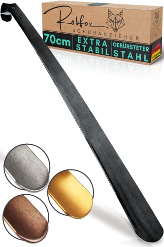 Robfox Schuhlöffel - Extra stabiler Schuhanzieher aus gebürstetem Stahl - 70 cm lange Schuhanziehhilfe - Rückenschonender Schuh Löffel in Premium Qualität (Schwarz) Cover