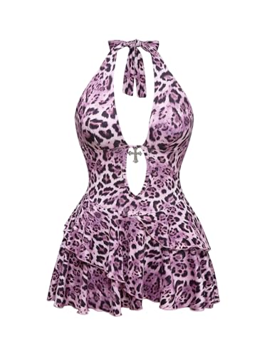 Image of SOLY HUX Women's Cheetah Print Backless Halter Mini Dress | Y2k Style Dresses, Gothic, Deep V Neck , Leopard Animal Print, Plus Size, Layered Ruffle