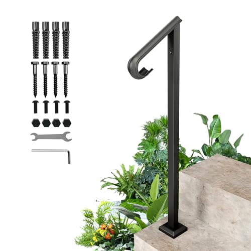 Handrails for Outdoor Steps 1-2 Step Single Post Handrail 38 H Rustproof Wrought Iron Stair Railing with Assembly Tool Kit for Concrete Steps Wood Steps Black