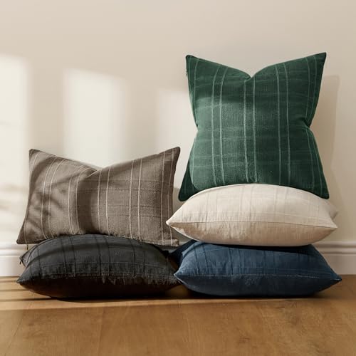 Image of MIULEE Decorative Linen Check Throw Pillow Covers Neutral Farmhouse Vintage Spring Pillow Covers 18x18 Set of 2 Boho Modern Home Decor for Sofa Couch Bedroom Cushion Dark Green