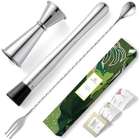 Homestia Muddler & Spoon Set for Cocktails, 304 Stainless Steel 10" Bar Muddler, 12" Cocktail Spoon, 1 oz 2 oz Jigger, 3 PCS Cocktail Set for Margaritas, Mojitos and Fruit Drinks Bar Tool Set Silver Cover