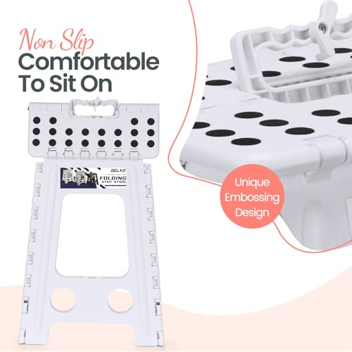 Image of Delxo Folding Step Stool 17.5 Inch White Step Stools for Kids Foldable,Portable Collapsible Step Stool with Handle, Folding Stool for Kitchen Bathroom,Bedroom,Garden