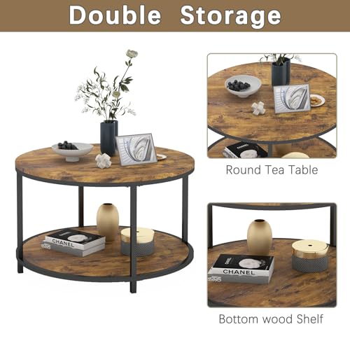 Image of NSdirect Round Coffee Table, 25.6 inch Small Coffee Table for Living Room,2-Tier Rustic Wood Desktop with Storage Shelf Modern Design Home Furniture(Brown)