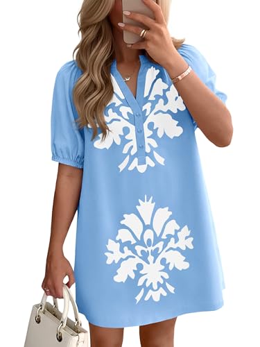 Image of Wenrine Womens Puff Short Sleeve Mini Dress Summer Floral Print Button V Neck Loose Casual Shift Dresses with Pockets