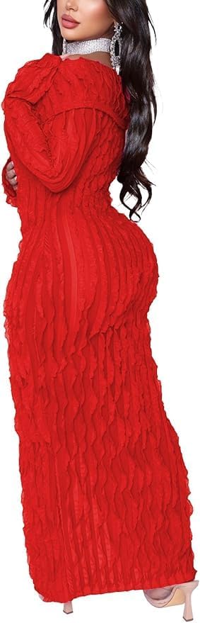 Sexy Button Down Dresses for Women Date Night Off Shoulder See Through Mesh Ruffle Bodycon Maxi Dress - Image 4