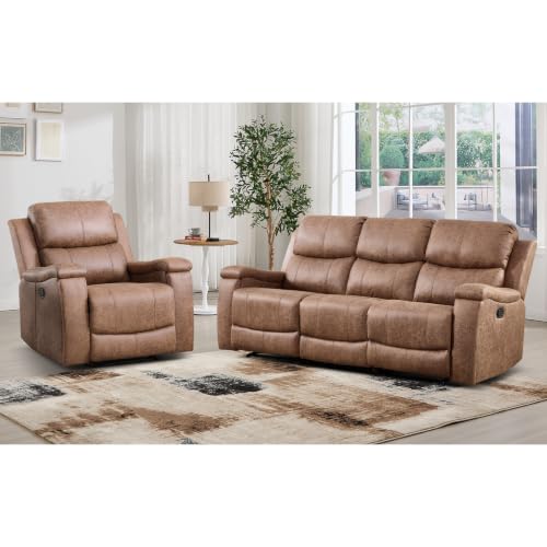 Image of CANMOV Faux Leather Manual Recliner Sofa Set, Manual Reclining Sofa and Recliner Chair with Concealed Cup Holders for Living Room,Bedroom Furniture,Nut Brown